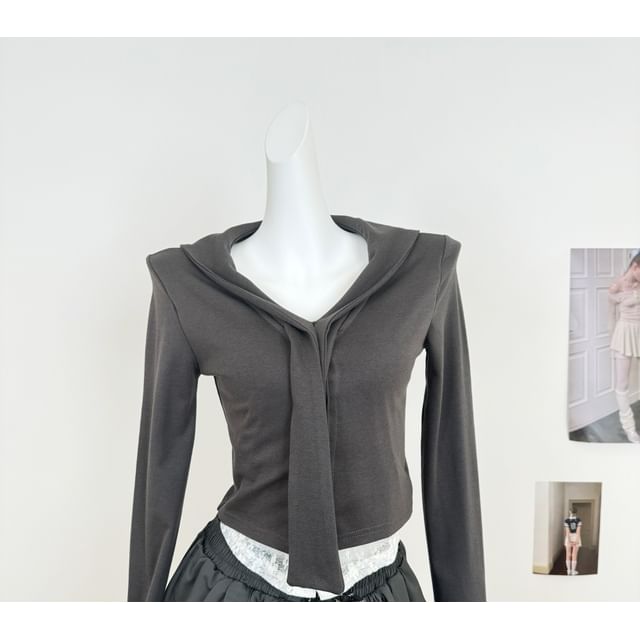 Hooded Plain Button Up Top / Drawstring Waist Plain Mini A-Line Skirt