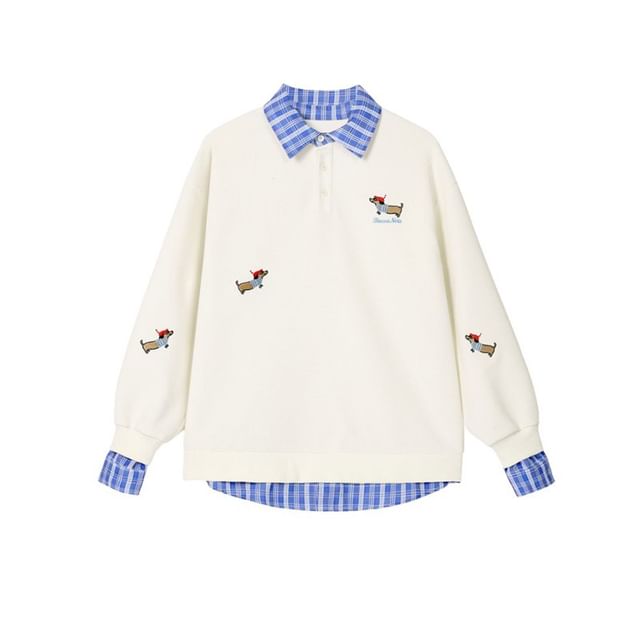 Plaid Trim Dog Embroidered Mock Two-Piece Pullover