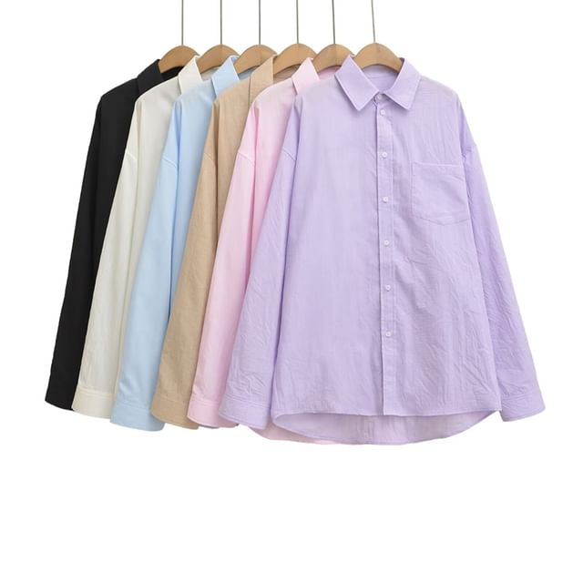 Plain Collared Long-Sleeved Button-Up Shirt