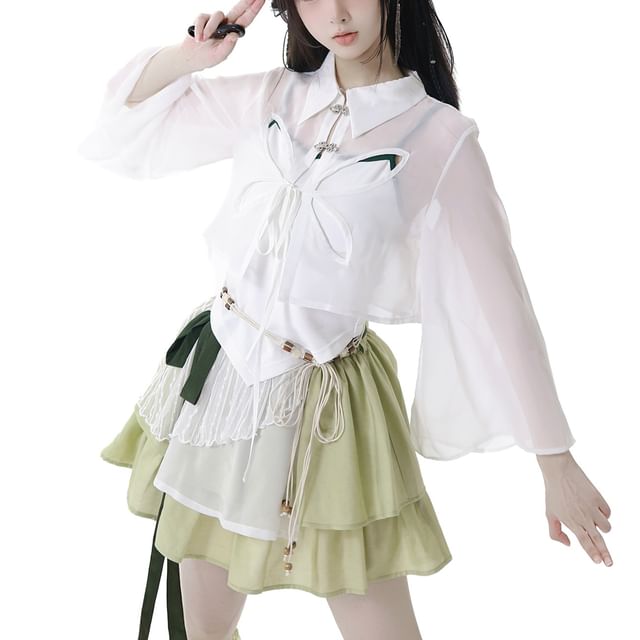 Collared Blouse + Trim Cami + Midi Skirt + Leg Warmers Set