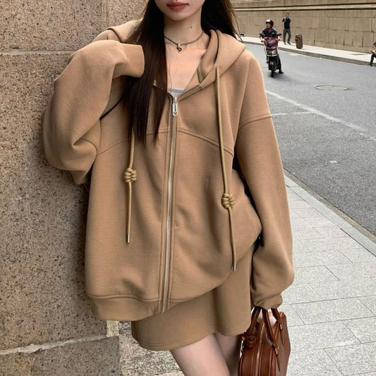Plain Drawstring Zip Hoodie & High-Waist Mini A-Line Skirt