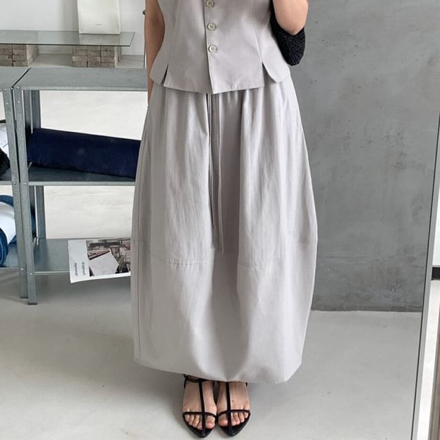 V-Neck Button-Up Vest & Midi A-Line Skirt
