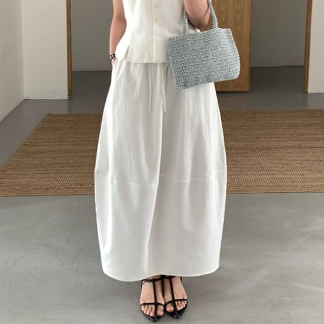 V-Neck Button-Up Vest & Midi A-Line Skirt