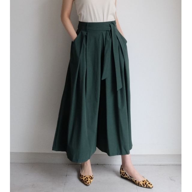 Plain Tie-Side Midi A-Line Skirt - High Rise