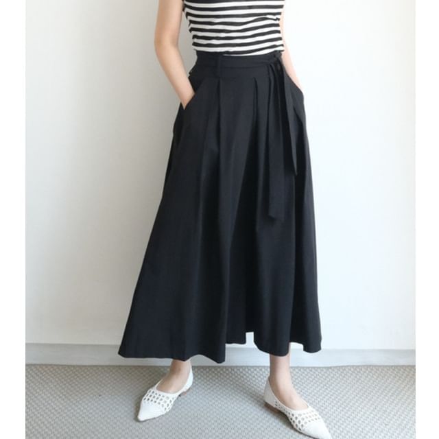Plain Tie-Side Midi A-Line Skirt - High Rise