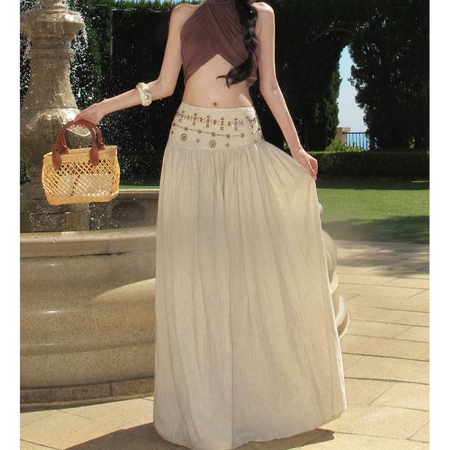 Mock Neck Crop Top & Maxi A-Line Skirt