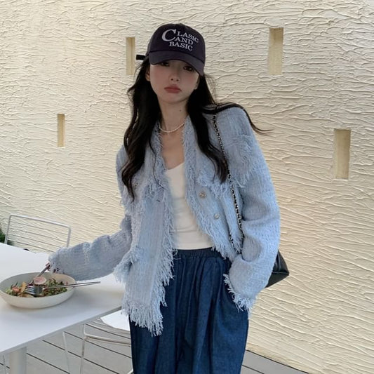 V-Neck Fringed Button-Up Plain Tweed Jacket