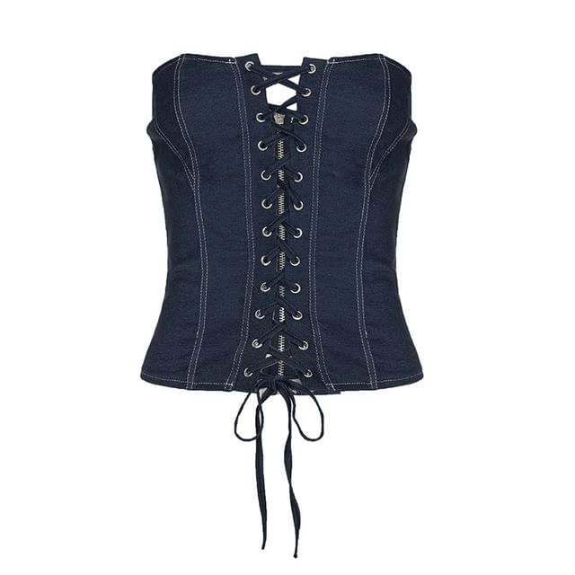 Denim Lace Up Strapless Tube Top + Mini A-Line Skirt Set