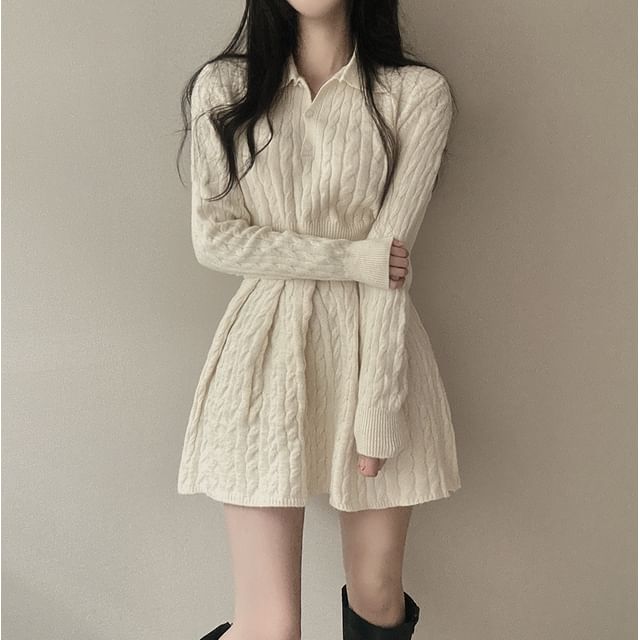 Cable-Knit Cropped Polo Sweater and Pleated Mini Skirt Set