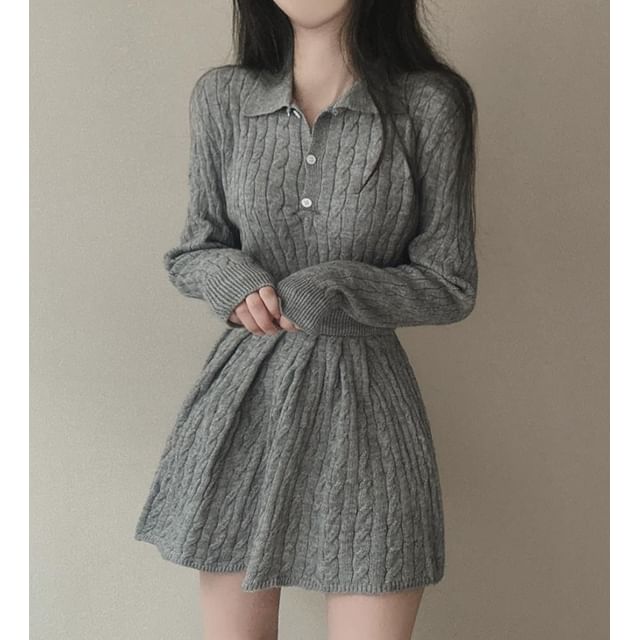 Cable-Knit Cropped Polo Sweater and Pleated Mini Skirt Set