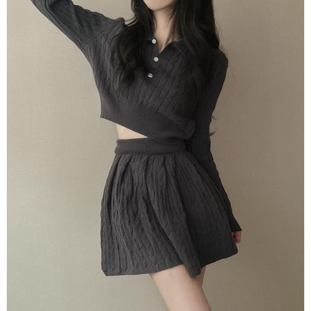 Cable-Knit Cropped Polo Sweater and Pleated Mini Skirt Set