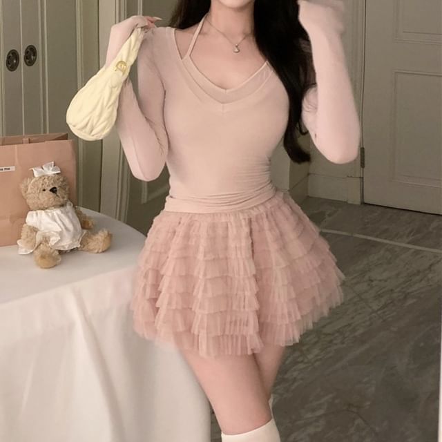 Mock Two-Piece Halter V-Neck Crop Knit Top & High-Rise Tiered Mini A-Line Skirt