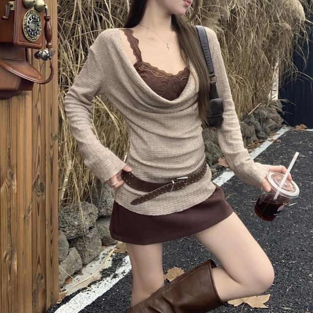 High-Rise Mini A-Line Skirt, Long-Sleeve Cowl Neck Top, V-Neck Lace Crop Tank & Belt Set