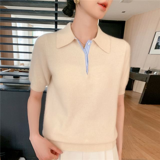 Plain Knit Short-Sleeved Polo Shirt