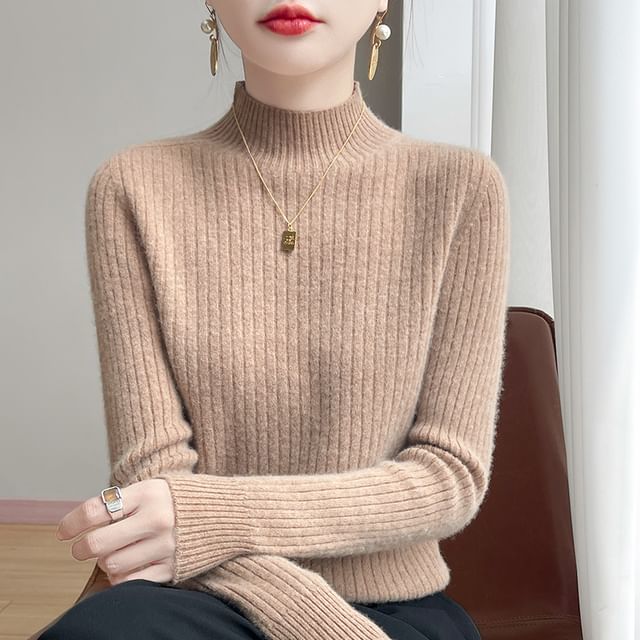Plain Ribbed High Neck Long-Sleeved Sweater