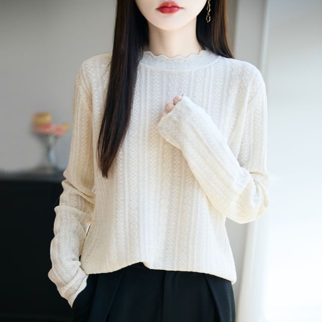 Plain Lace Trim High Neck Long-Sleeved Knit Top