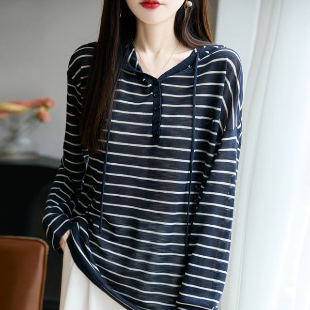 Striped Hooded Henley Long-Sleeved Tee