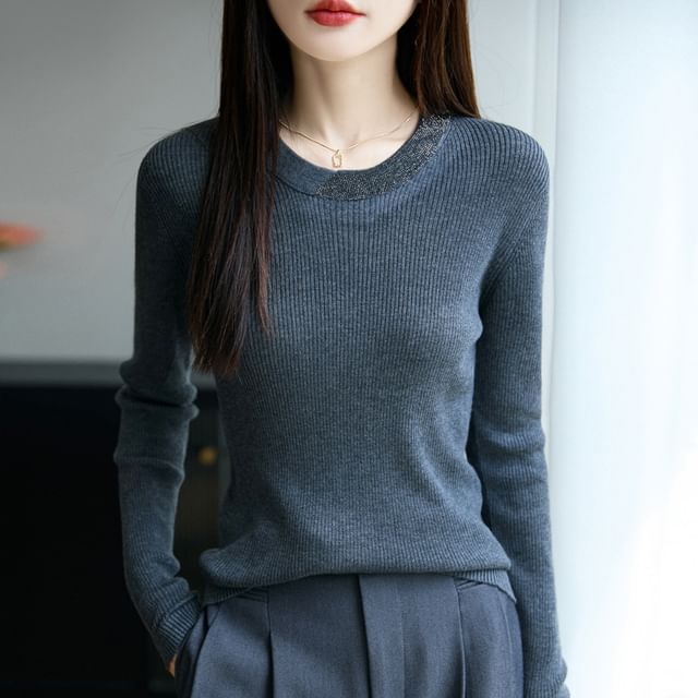 Rhinestone Ribbed Round Neck Long-Sleeved Knit Top