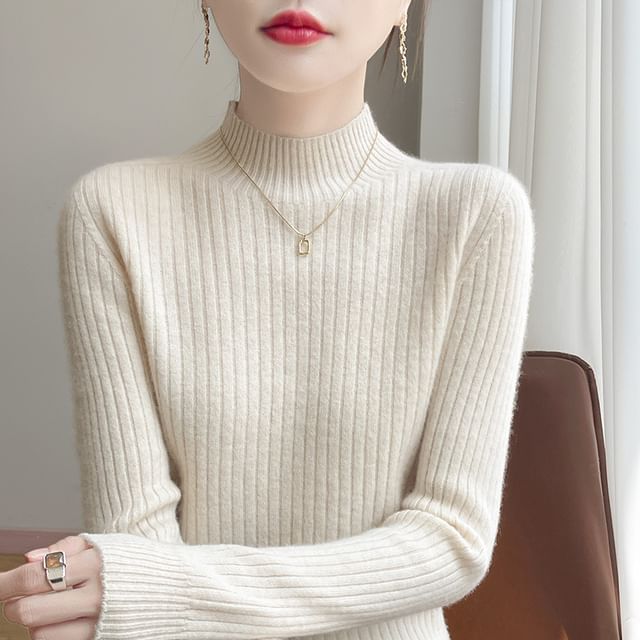 Plain Ribbed High Neck Long-Sleeved Sweater