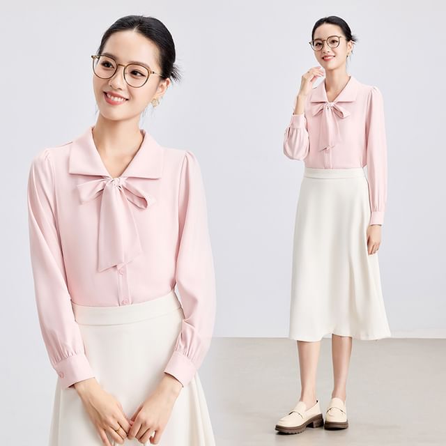 Long-Sleeve Collared Tie-Front Blouse & High-Rise Midi A-Line Skirt Set