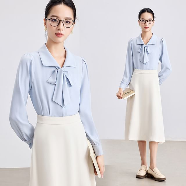 Tie Front Collared Blouse + High Rise Midi A-Line Skirt Set