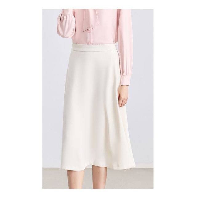 Long-Sleeve Collared Tie-Front Blouse & High-Rise Midi A-Line Skirt Set