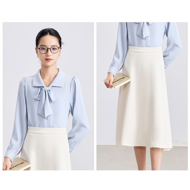 Set: Long-Sleeve Collared Tie-Front Blouse & High-Rise Midi A-Line Skirt