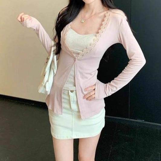 Plain Lace Trim Cardigan / Slim Fit Cami Top