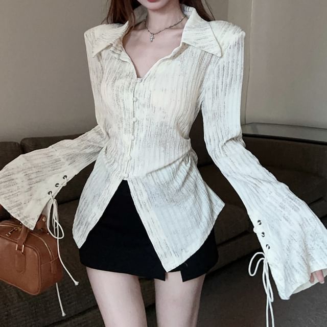 Flare-Sleeve Lace-Up Plain Shirt