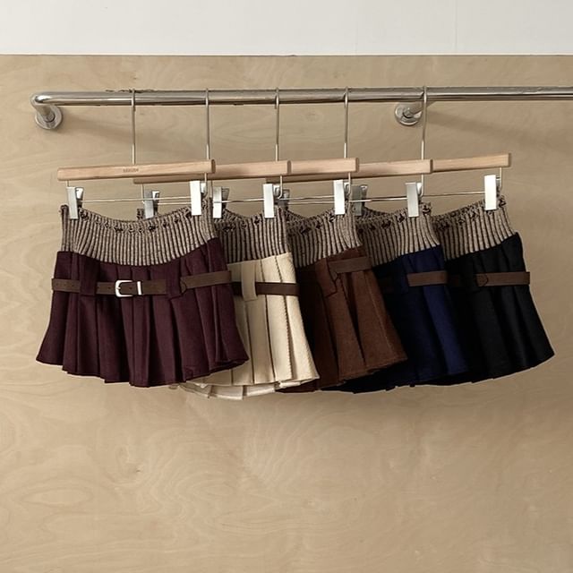 High-Waist Pleated Panel Knit Mini A-Line Skirt