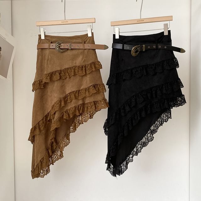 Faux Suede Asymmetrical Lace Panel A-Line Skirt