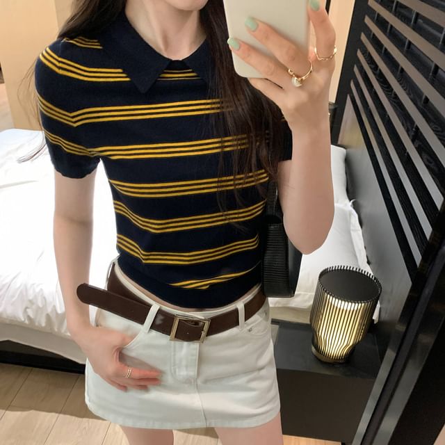 Striped Knit Short Sleeve Polo Top