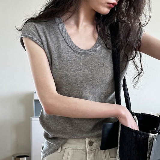 Scoop-Neck Short-Sleeved Knit Top