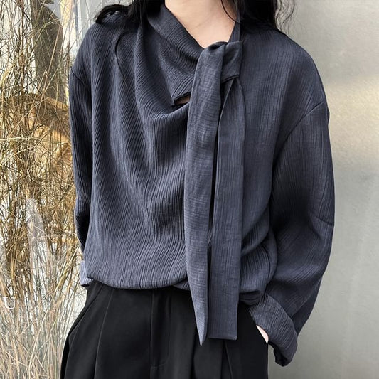 Tie-Neck Long-Sleeved Plain Blouse