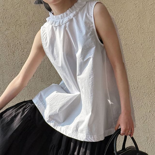V-Neck Sleeveless Plain Ruffle-Trim Blouse
