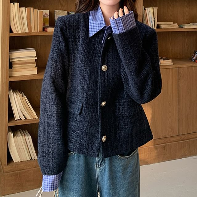 Mock Two-Piece Collared Plaid Panel Button-Up Tweed Jacket