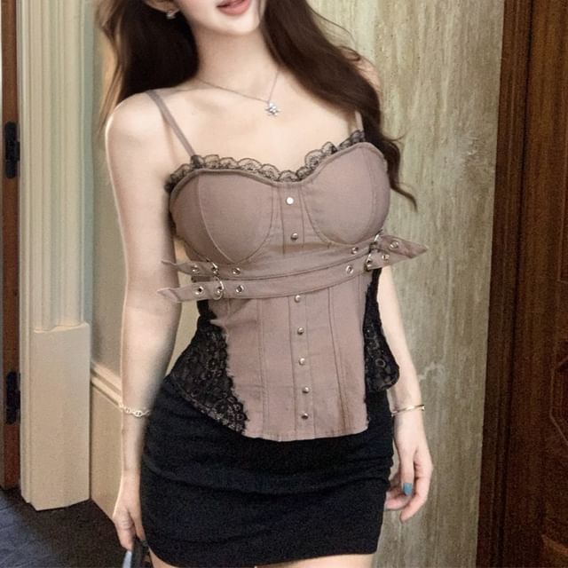 Lace Panel Grommet Buckled Padded Crop Camisole Top