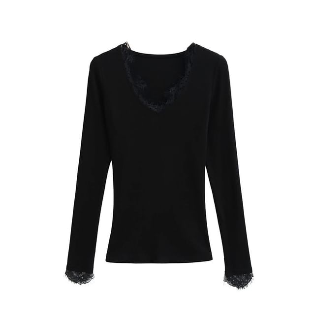 Slim Fit V-Neck Tee with Lace Panel
