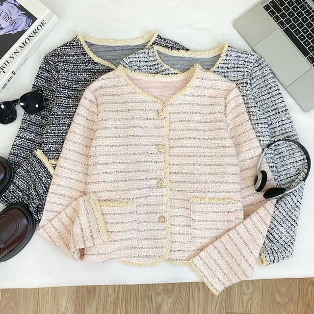 V-Neck Striped Button Up Tweed Jacket