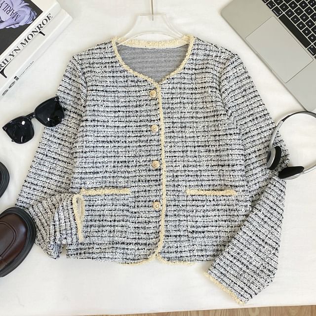V-Neck Striped Button Up Tweed Jacket