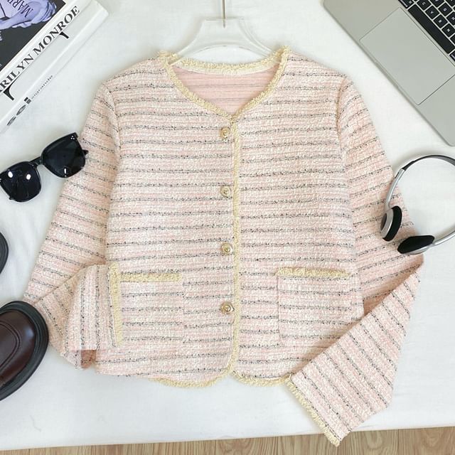 V-Neck Striped Button Up Tweed Jacket
