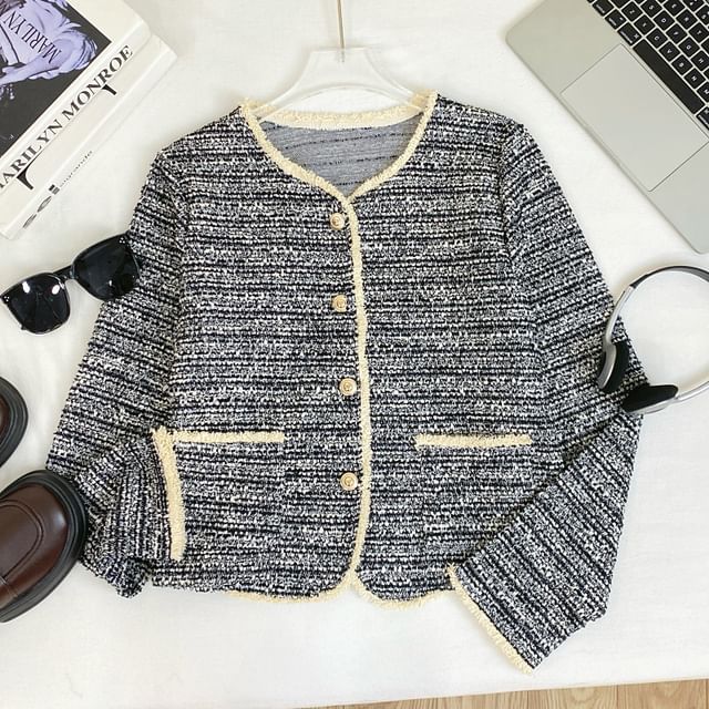 V-Neck Striped Button Up Tweed Jacket