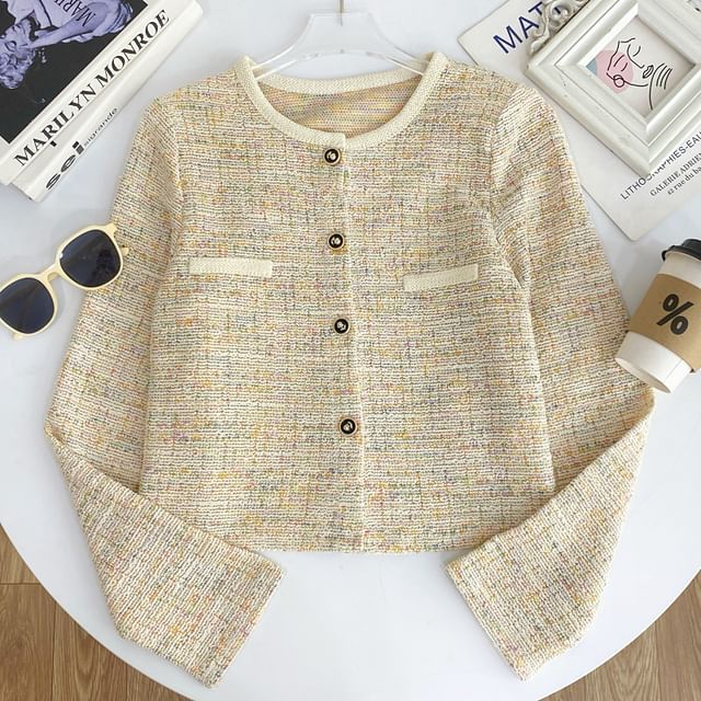 Long Sleeve Round Neck Tweed Cropped Jacket