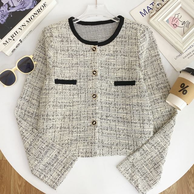 Long Sleeve Round Neck Tweed Cropped Jacket