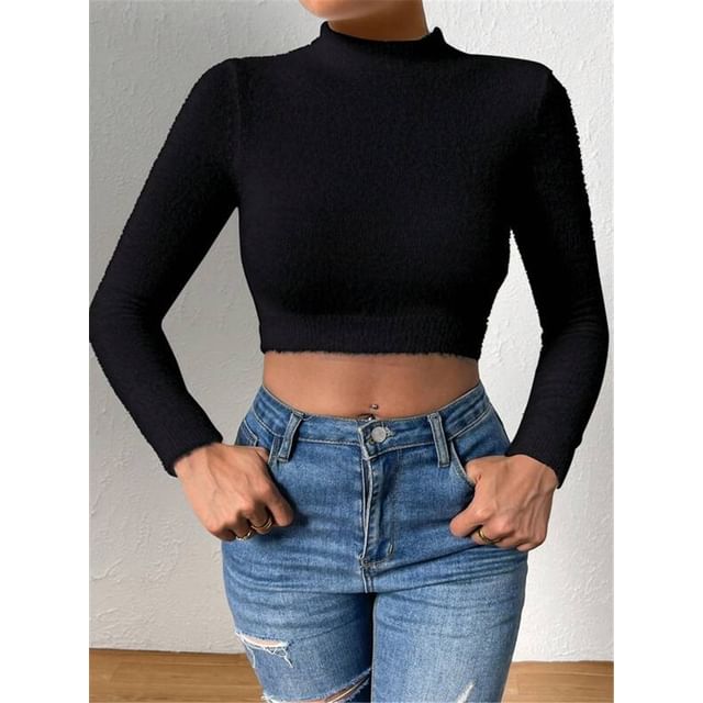 Plain Ribbed Mock-Neck Sleeved Fitted Mini Knit Top