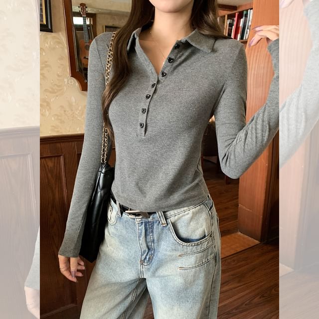 Plain Half-Buttoned Long-Sleeved Polo Shirt