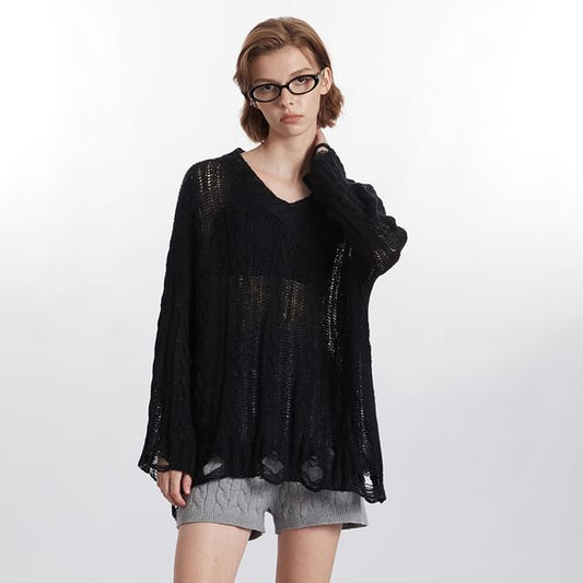 V-Neck Long-Sleeved Plain Distressed Loose-Fit Knit Top