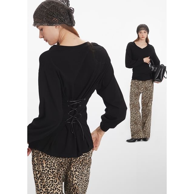Long Sleeve V-Neck Plain Lace-Up Back T-Shirt