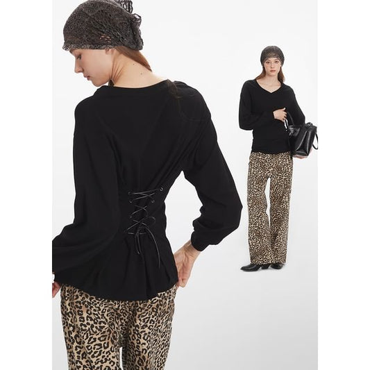 V-Neck Long-Sleeved Plain Lace-Up Back T-Shirt