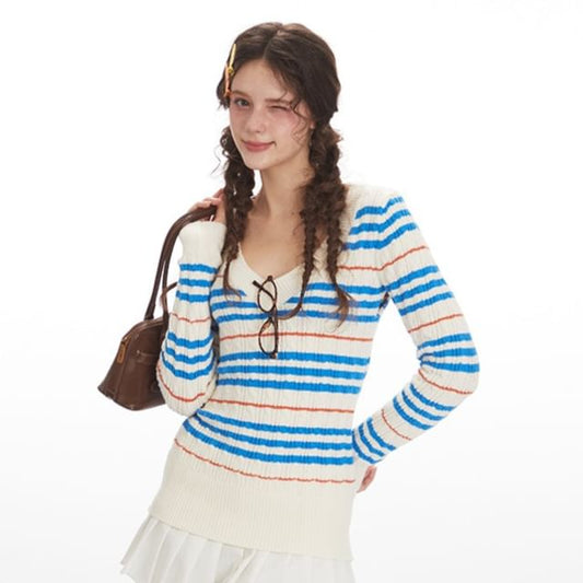 Striped V-Neck Long-Sleeved Slim-Fit Sweater